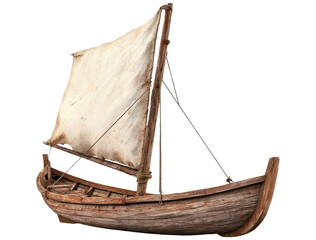 Vintage wooden sailboat with weathered texture clipart on transparent background