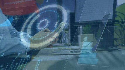 Poster - Animation of financial data processing over caucasian businessman using smartphone in office