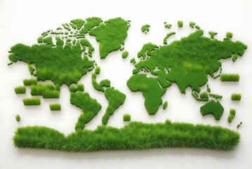 World map green grass surface, isolated on a white background for green concepts. 3D illustration.