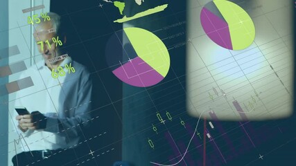 Poster - Animation of financial data processing over caucasian businessman using smartphone