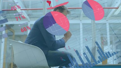 Poster - Animation of financial data processing over caucasian businessman using laptop