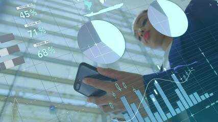 Poster - Animation of financial data processing over african american businesswoman using smartphone