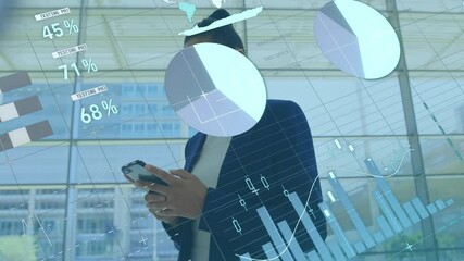Poster - Animation of financial data processing over african american businesswoman using smartphone