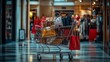 © Auttacha - A shopping cart stuffed with fashionable outfits, shoes, and luxury accessories, stylish bags and clothes spilling over the edges, a busy boutique with elegant decor and sale signs in the background,