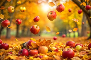 Wall Mural - Fallen red apples on bed of yellow autumn leaves