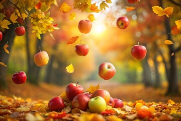 Wall Mural - Falling red apples in autumn forest with turning leaves