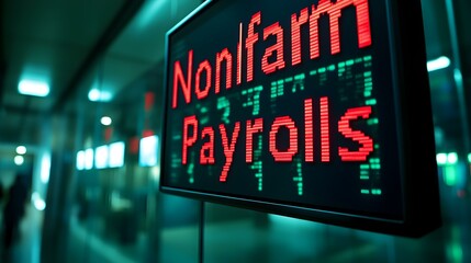 Poster - Economic Indicators Display, vibrant digital sign showcasing crucial nonfarm payroll statistics, reflecting employment data in a contemporary financial environment.