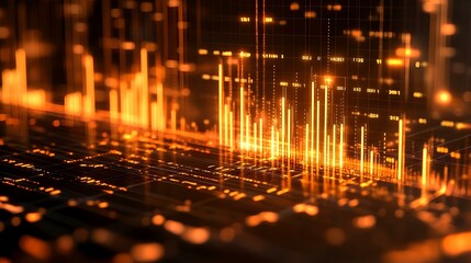 Poster - Digital Data Landscape, a vibrant display of glowing orange data bars and intricate patterns representing complex information flow in a dynamic virtual environment.