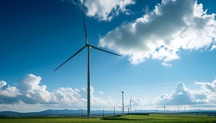 Wall Mural - Idyllic panorama of wind turbines and pipelines against majestic mountains under a partly cloudy sky