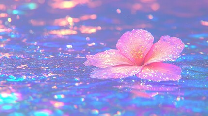   Pink flower floats on water with droplets on petals