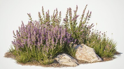   Purple-flanked field with two centerpiece rocks, set against pure white backdrop