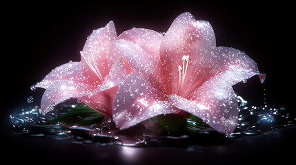 Wall Mural -   A close-up of a pink flower with water droplets on a black background