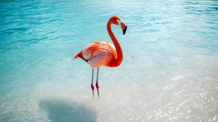 A graceful flamingo standing on one leg in a tropical lagoon