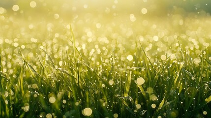 Wall Mural - Dewdrops on Green Grass with Sunlit Bokeh