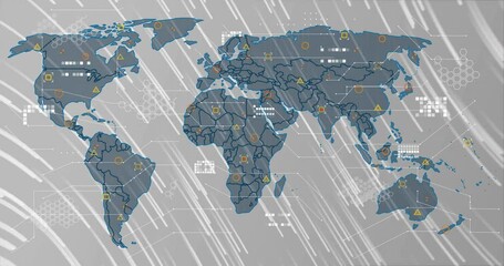 Poster - animation of world map with data processing over light trails on grey background