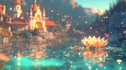 Wall Mural -   A blooming flora bobbing atop a tranquil pond beside a quaint hamlet with a majestic castle in the distance