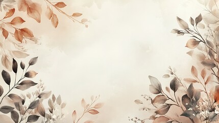 Poster - Watercolor Painting of Brown and Grey Leaves on a Beige Background