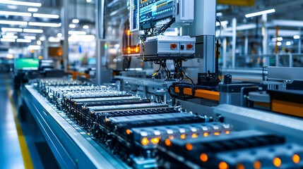 Mass production assembly line of electric vehicle battery cells. Close-up view. Automation, industry, production, manufacture and factory background. 