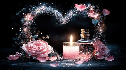 Wall Mural -   A heart-shaped frame containing a lit candle, a bottle of perfume, pink roses, and petals on a table