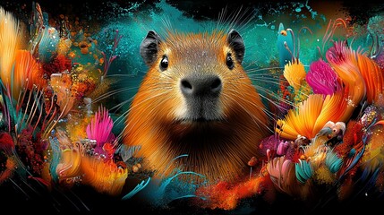 Wall Mural -   A close-up of a painting depicting a rodent with vivid flowers on its face against a dark backdrop