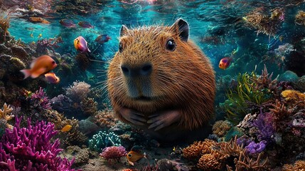 Wall Mural -   A rodent sits closely on a coral while surrounded by other creatures and a fish appears in the foreground in this image