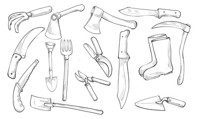 gardening tools handdrawn collection