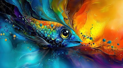 Poster -   A vibrant fish painting in shades of yellow, blue, orange, and white surrounded by bubbles