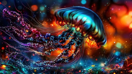 Poster -   A jellyfish floats in the ocean with bubbles on its head