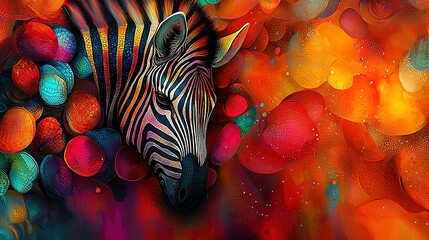 Wall Mural -   A painting of a zebra against a colorful backdrop with radiant light emanating from its head