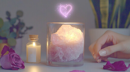 Wall Mural -   A candle rests on a table near vibrant flowers and a bottle illuminated by light within