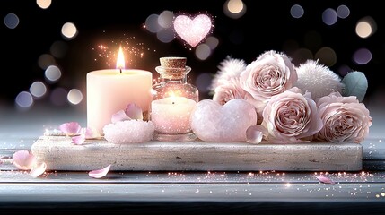 Wall Mural -   A photo of a close-up candle on a table surrounded by a bouquet of flowers, with a heart-shaped candle in the backdrop