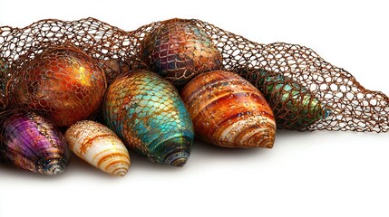   A collection of vibrant seashells arranged in a net sack on a white background