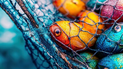 Wall Mural -   Close-up of a fish in a net with oranges and lemons at the bottom