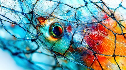   A close-up of a fish's net with a colorful fish's eye in its center is optimized to 31 tokens