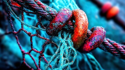   A close-up of a rope with a knot in the middle and two knots on either side