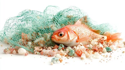   A fish laying in seaweed covered by a net