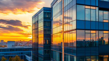 Wall Mural - Sunset reflections on modern office building facade Business center under evening sky Dusk at the corporate hub