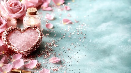 Wall Mural -   A close-up of a bottle featuring a heart symbol, surrounded by pink flowers and a bottle of perfume