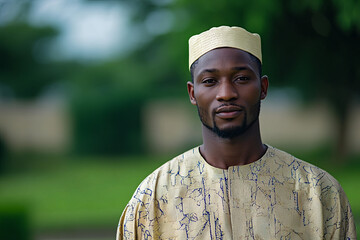 Wall Mural - Portrait of a Nigerian man in agbada robe and cap, Nigeria