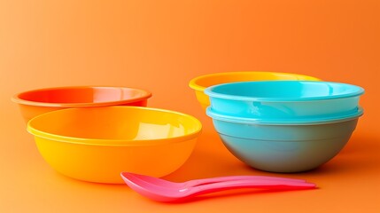 Set of plastic dishes for feeding baby and drinking bowls on orange background