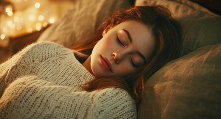 Wall Mural - Young woman sleeping in bed with a white pillow and blanket, close-up of her face with eyes closed on a cozy bedroom background