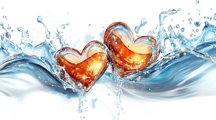 Wall Mural -   Two heart-shaped glasses float atop water's surface, surrounded by bubbles as they splash gently