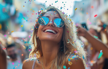 Sticker - a blonde woman wearing sunglasses and a green dress, celebrating in the streets during a carnival, with confetti flying around her.