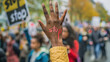 © Valeriia - African American activist with hand up with Stop racism phrase in front of a crowd. Marching on strike protest social issues against racism