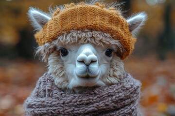 Wall Mural - Alpaca Wearing a Knit Hat and Scarf in Autumn