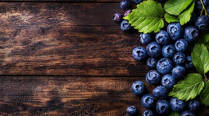 Canvas Print -   Blueberries rest atop wooden table, surrounded by green foliage