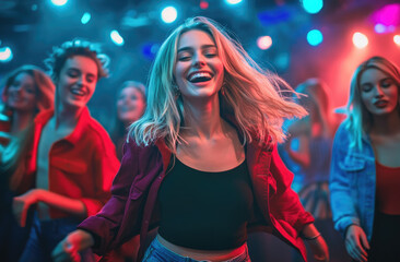 Sticker - A group of friends having fun dancing at the club, with colorful lights and music in the background