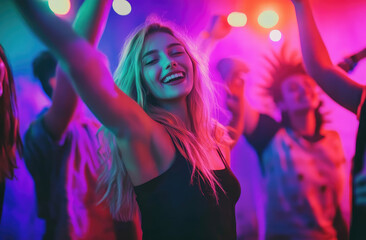 Canvas Print - A group of friends having fun dancing at the club, with colorful lights and music in the background