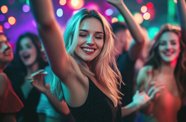 Canvas Print - A group of friends having fun dancing at the club, with colorful lights and music in the background