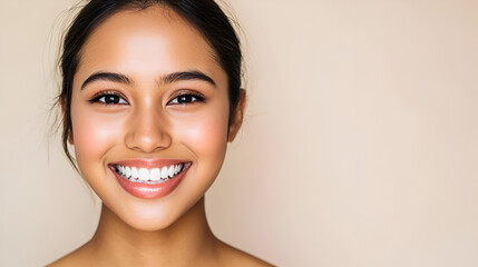 Closeup photo portrait of a beautiful young asian indian model woman smiling with clean teeth Used for a dental ad Isolated on light background